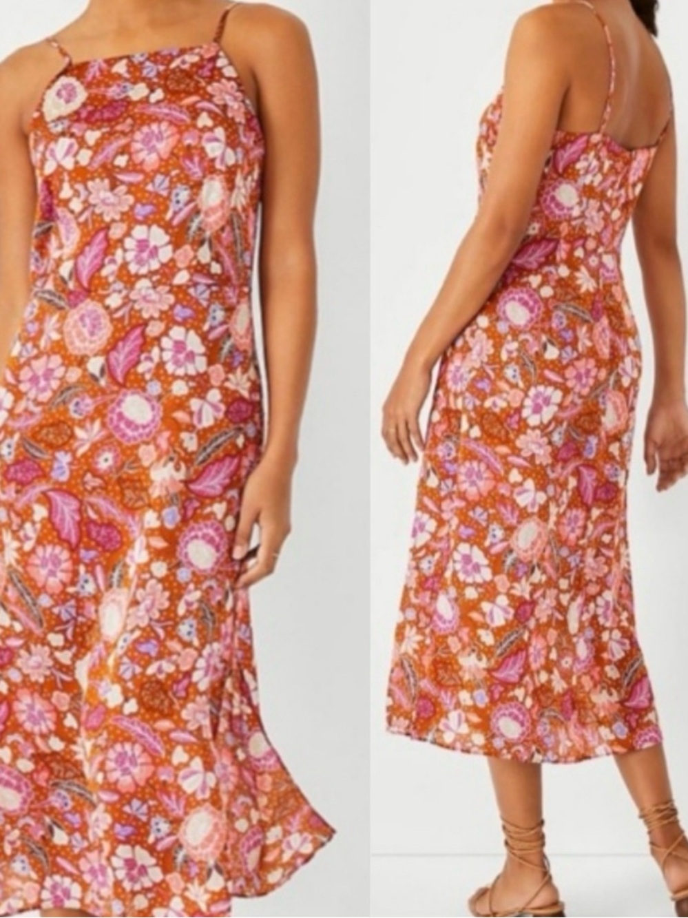 Ann Taylor Summer Slip Floral Midi Dress in Rust Pink. Size 8